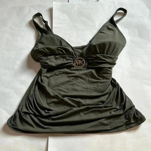 Michael Kors green swimsuit top size small gold logo in front ruched - Picture 1 of 5